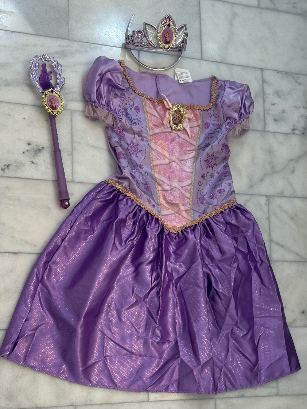 Disney Rapunzel Princess Dress Tiara & Wand Set. EUC.